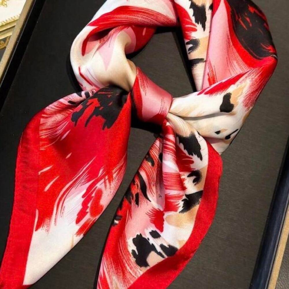 Red Black Beige Floral Satin Square Scarf Neck Hair Purse Wrap